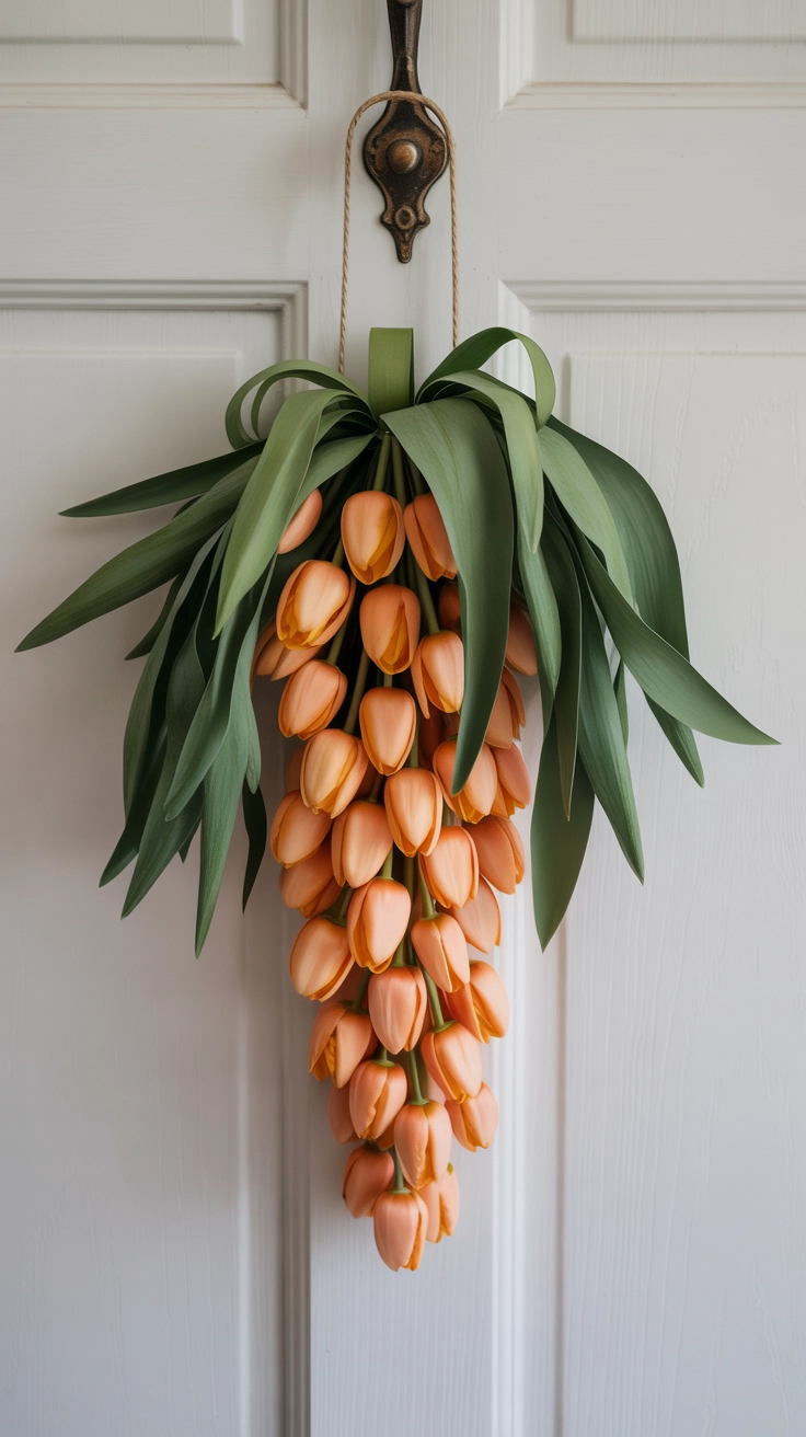 A creative front door hanger made of orange tulips bundled to look like a carrot with green leafy tops.
