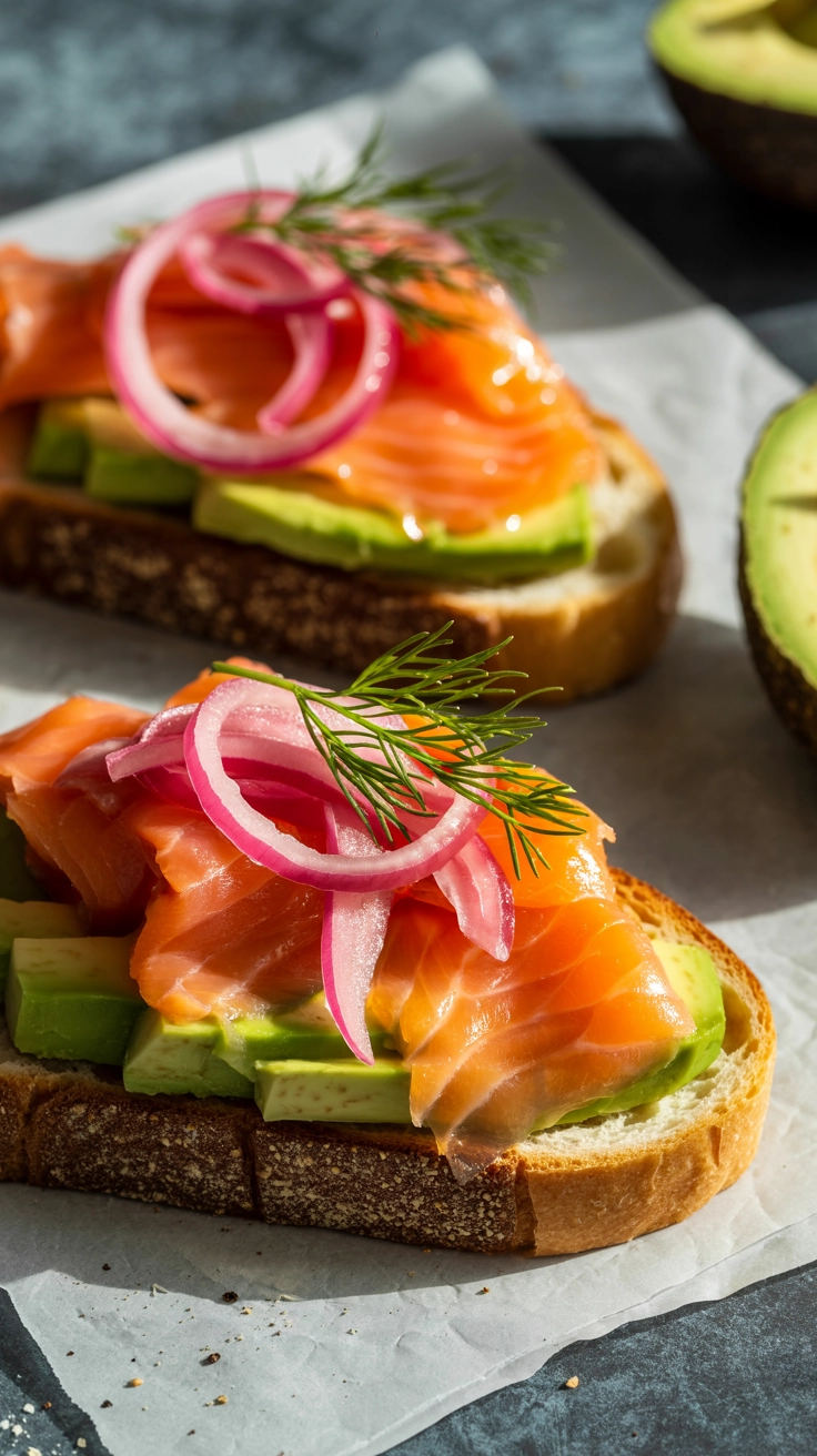 Savory smoked salmon avocado toast for brunch.