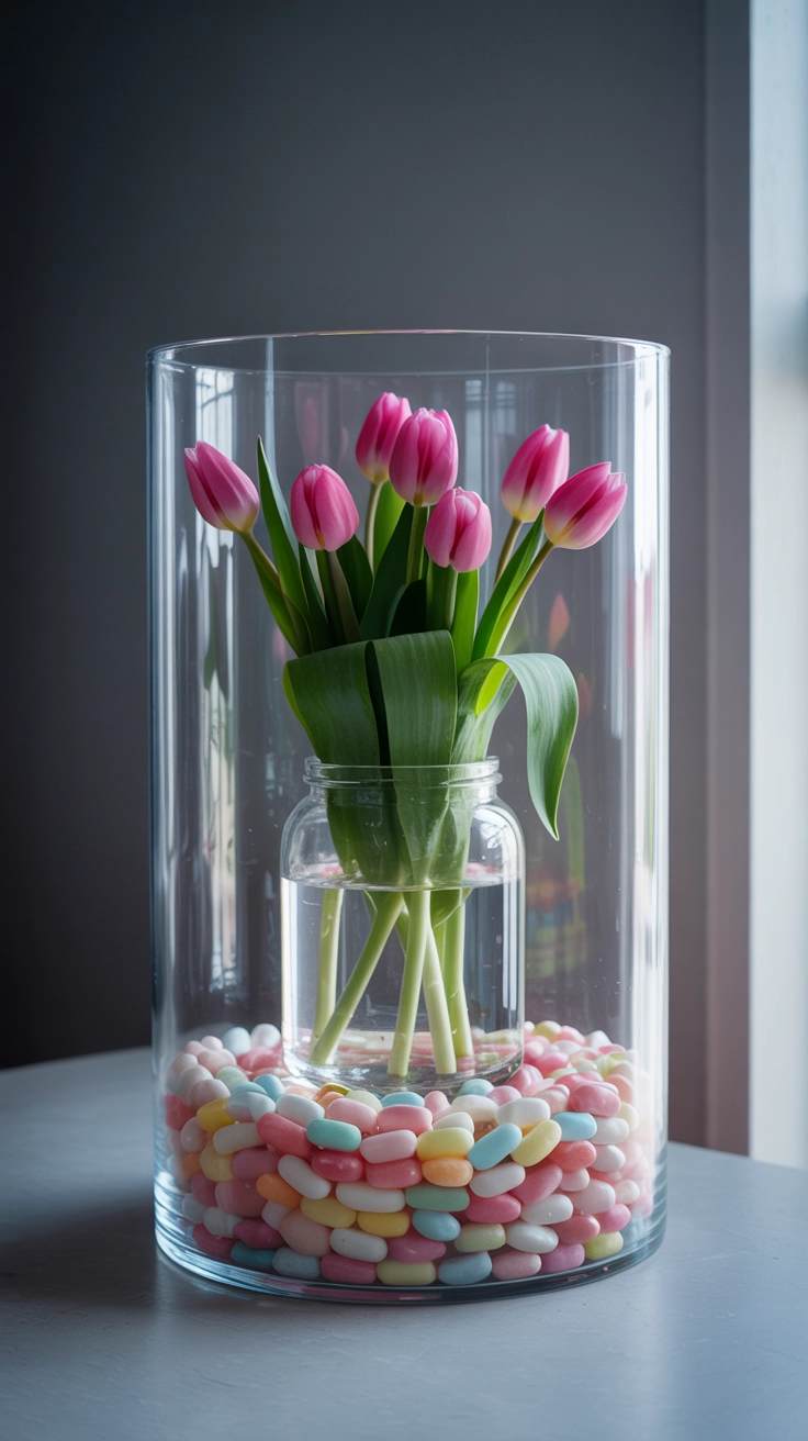 A tall glass vase filled with layers of pastel jelly beans around a center jar of fresh pink tulips.