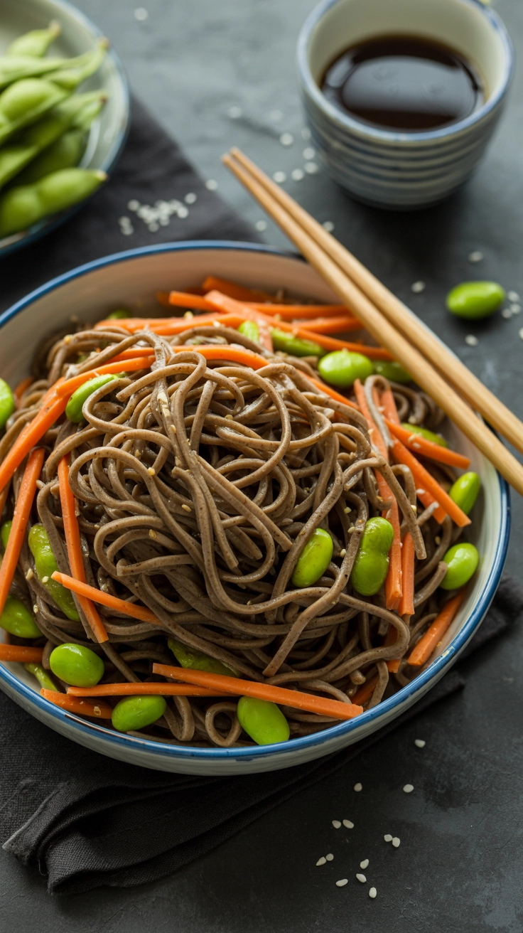 Cold soba noodle salad with ginger dressing and vegetables