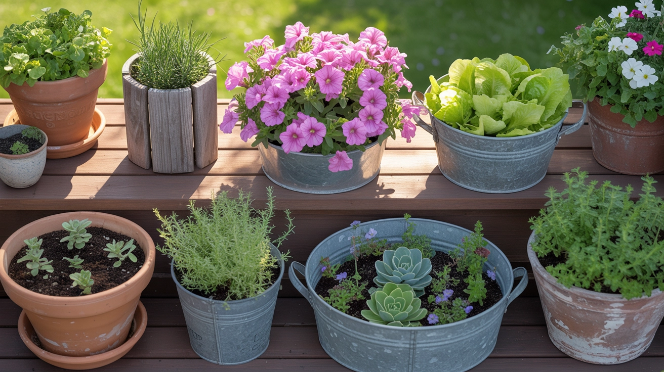 11 Container Gardening Ideas for Spring You Can Do Anywhere 1 Container Gardening Ideas for Spring: A collection of eleven different spring garden containers arranged on a sunny wooden patio.