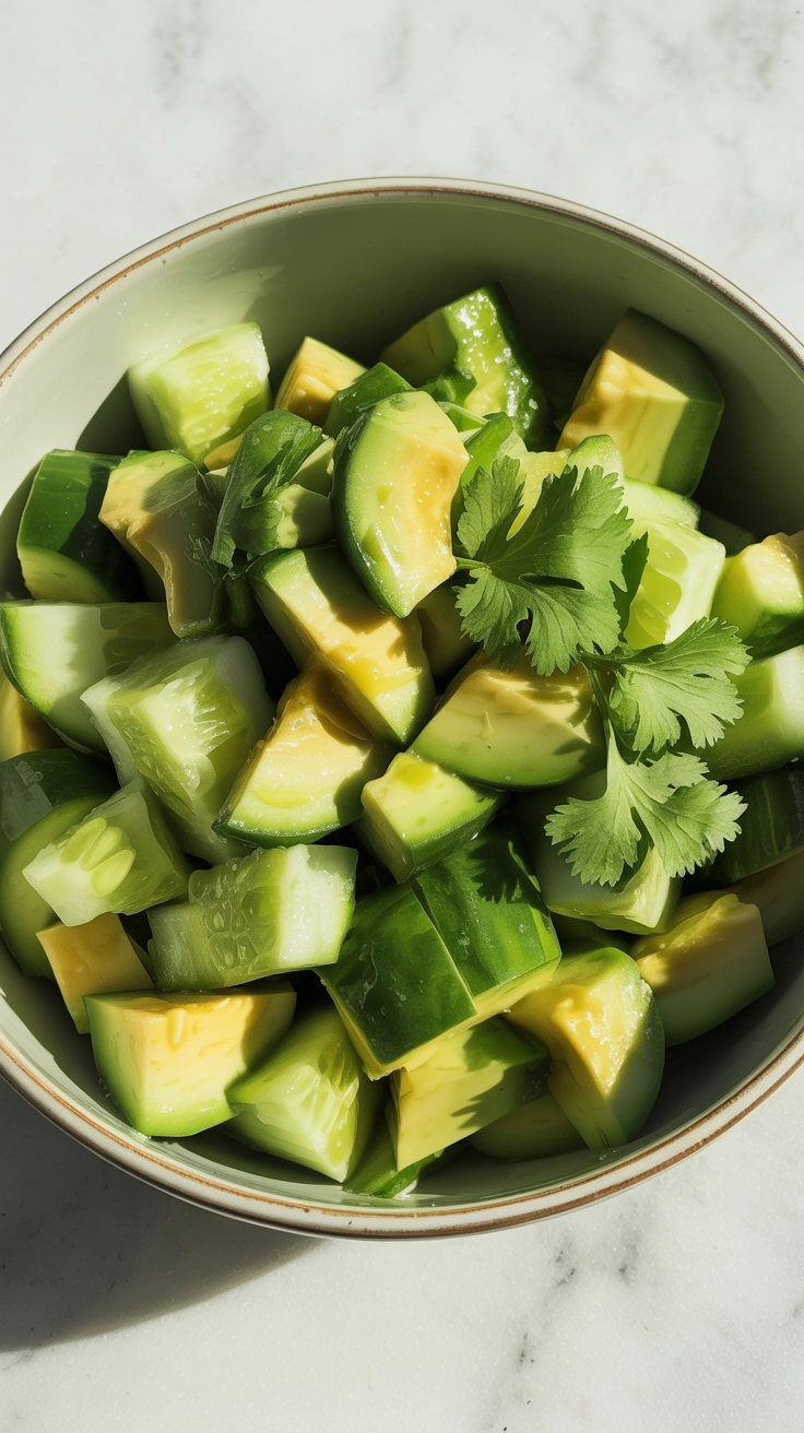 Healthy avocado and cucumber salad with lime and cilantro.
