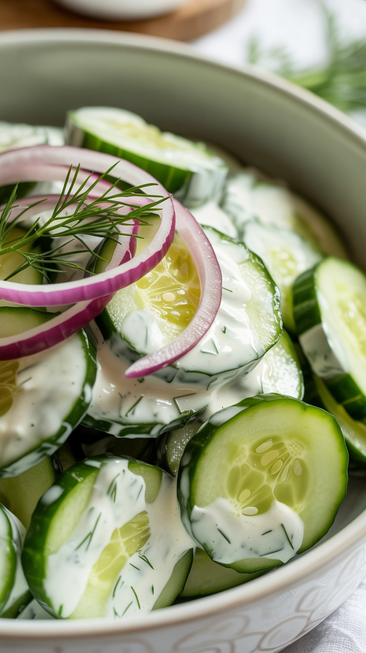 Close up of creamy cucumber salad with dill and red onions.