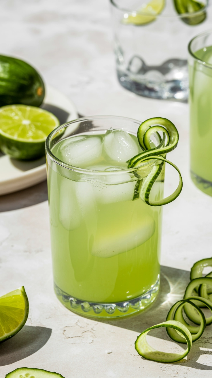 10 Refreshing Spring Drink Recipes Everyone Will Love 4 A chilled green cucumber mint drink with a decorative cucumber garnish.