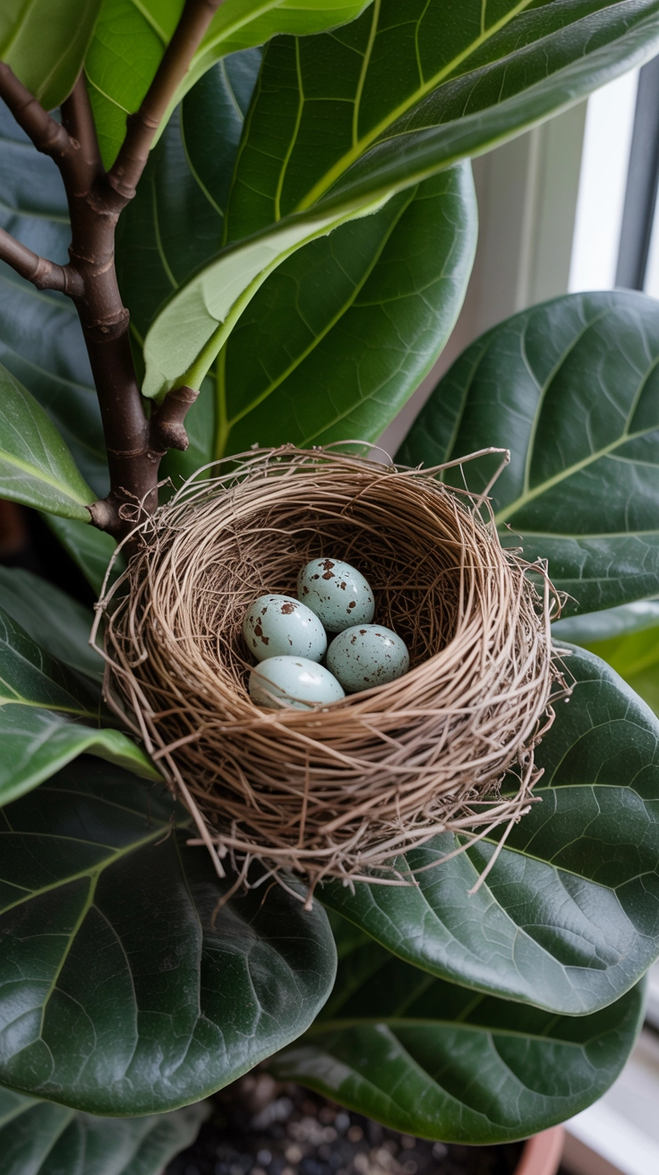 A small, realistic bird nest with blue speckled eggs tucked into the leaves of a large indoor potted plant.