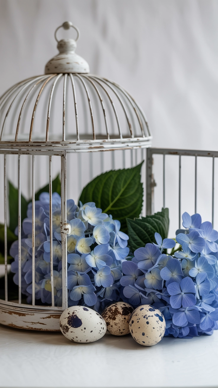 A white wire birdcage filled with faux hydrangeas and three speckled eggs on a side table.