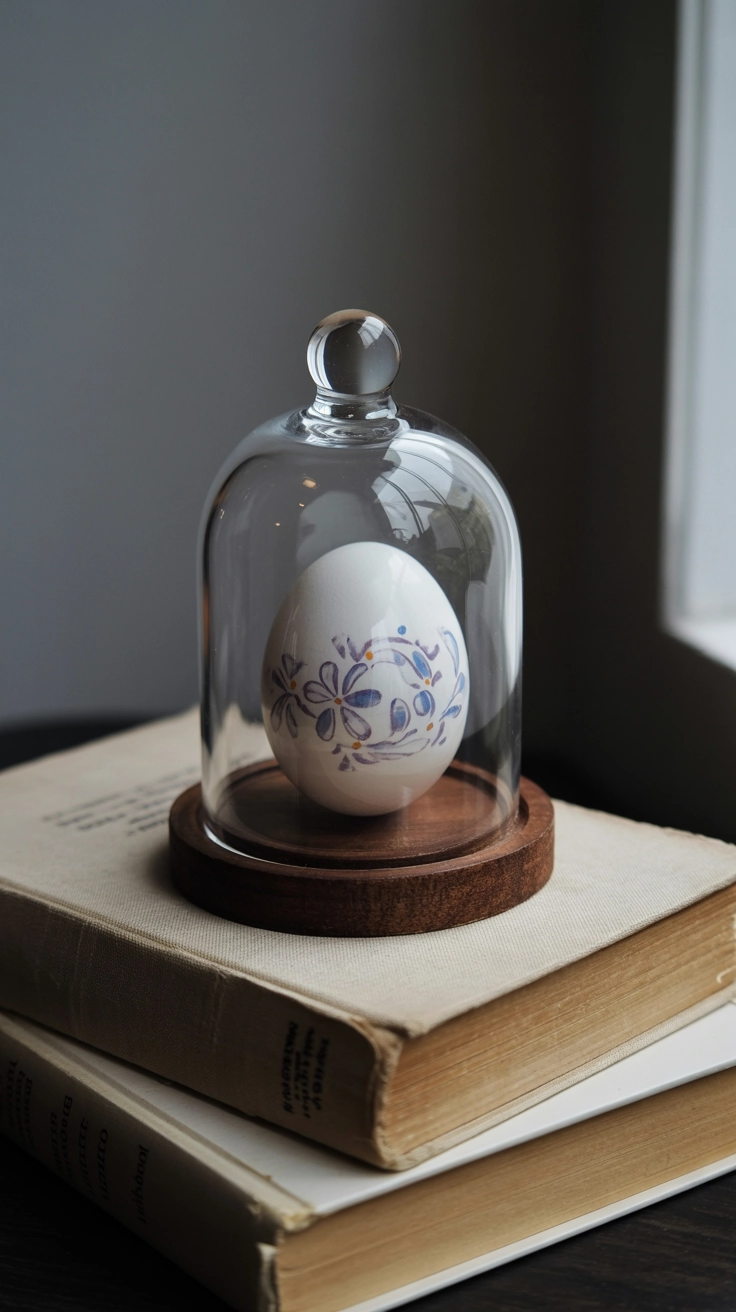 A vintage glass cloche covering a single, beautifully painted floral egg on a stack of books.