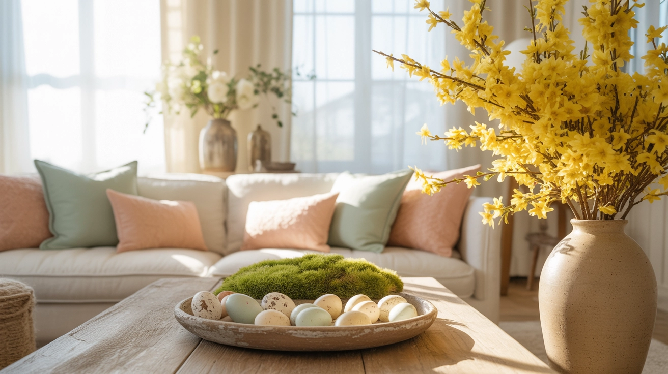 A sunlit living room featuring a white sofa with pastel pillows, a wooden coffee table with a moss centerpiece, and tall yellow forsythia branches by the window.