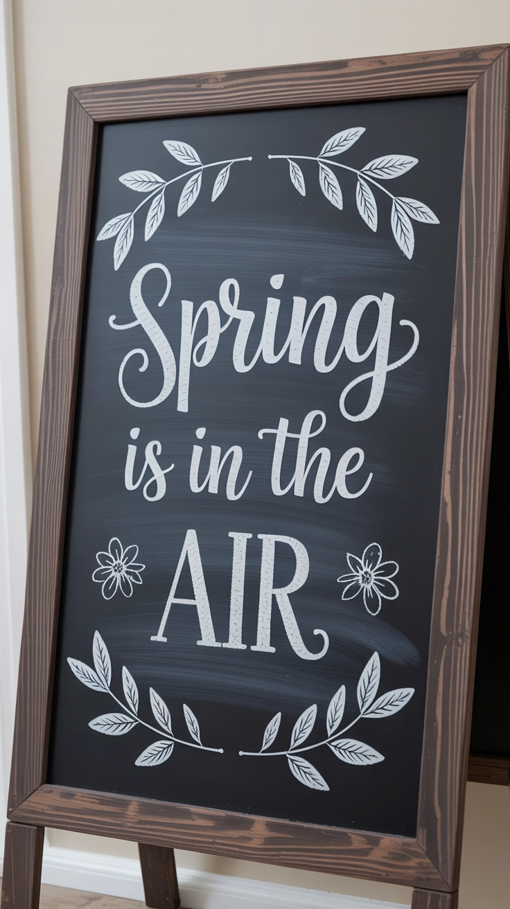 A black chalkboard with "Spring is in the Air" written in elegant white chalk calligraphy.