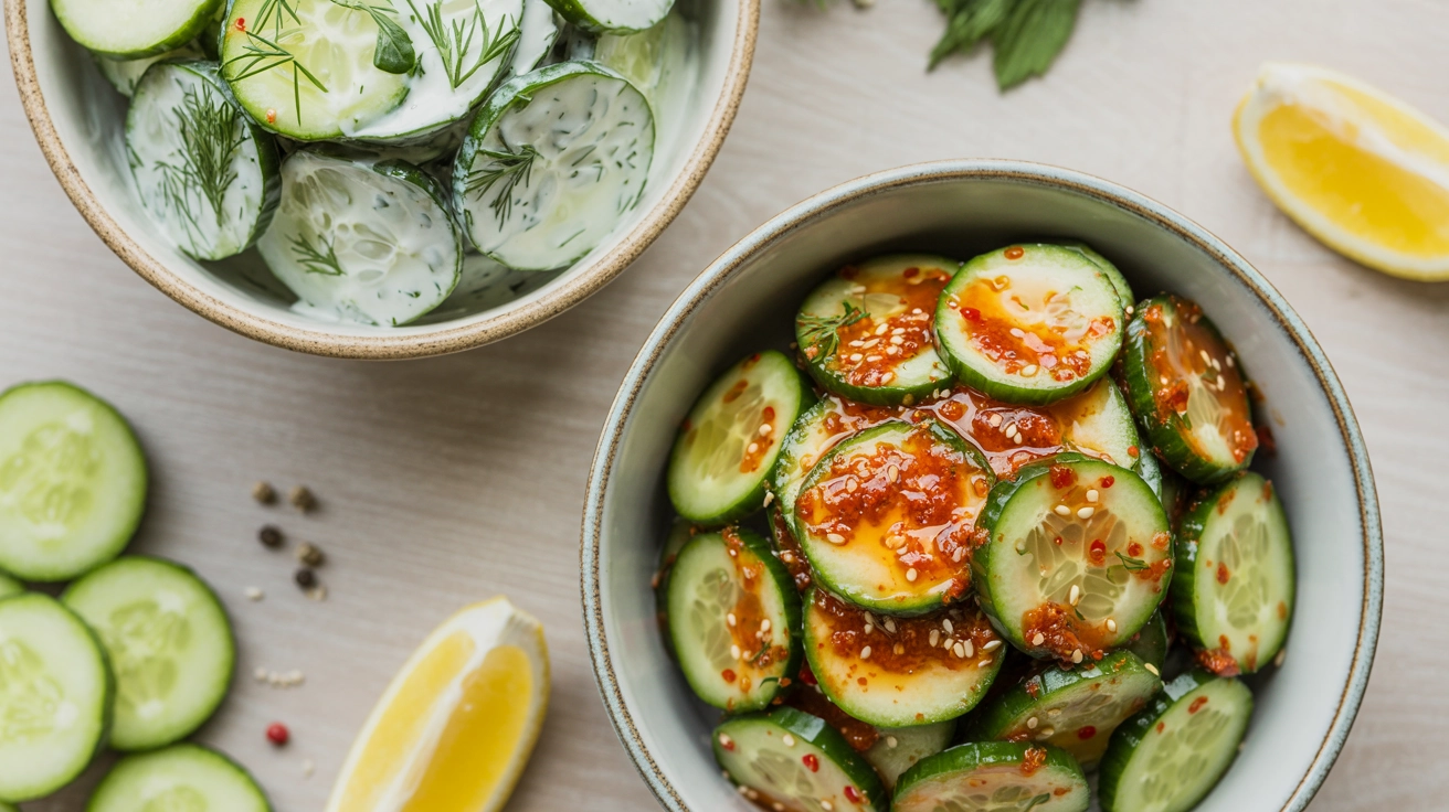 A collection of twelve different easy cucumber salad recipes in various bowls on a wooden table