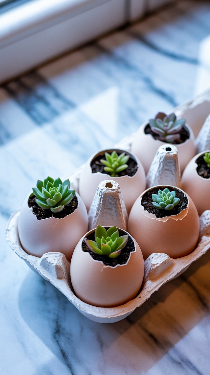 Delicate white eggshells used as tiny pots for green succulents, arranged in a white egg carton.