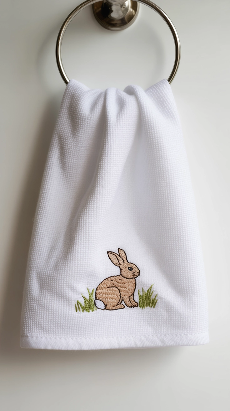 Soft white hand towels hanging in a bathroom with small embroidered bunnies in the bottom corner.