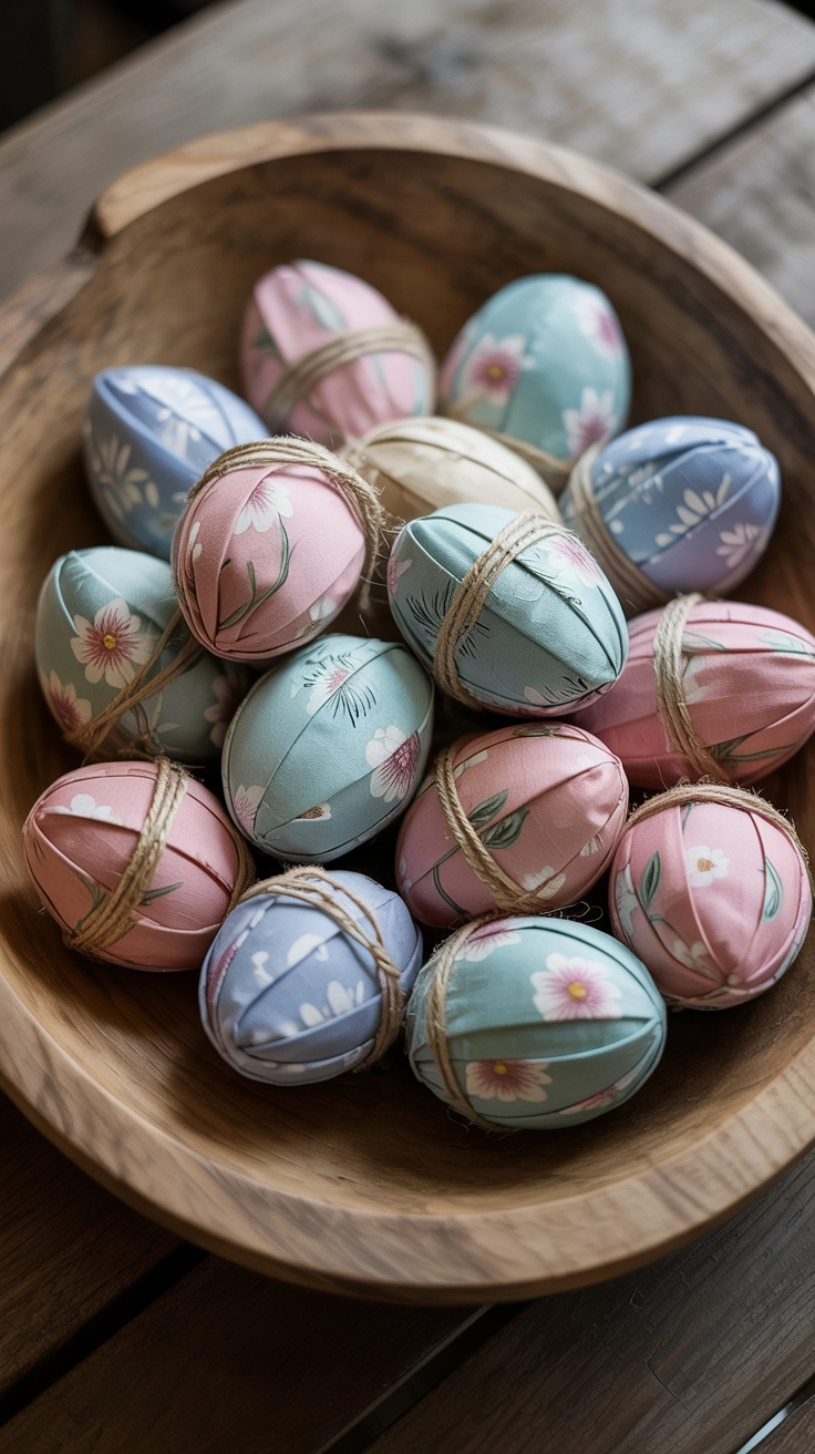 A wooden bowl filled with eggs wrapped in blue, pink, and yellow floral fabric scraps.