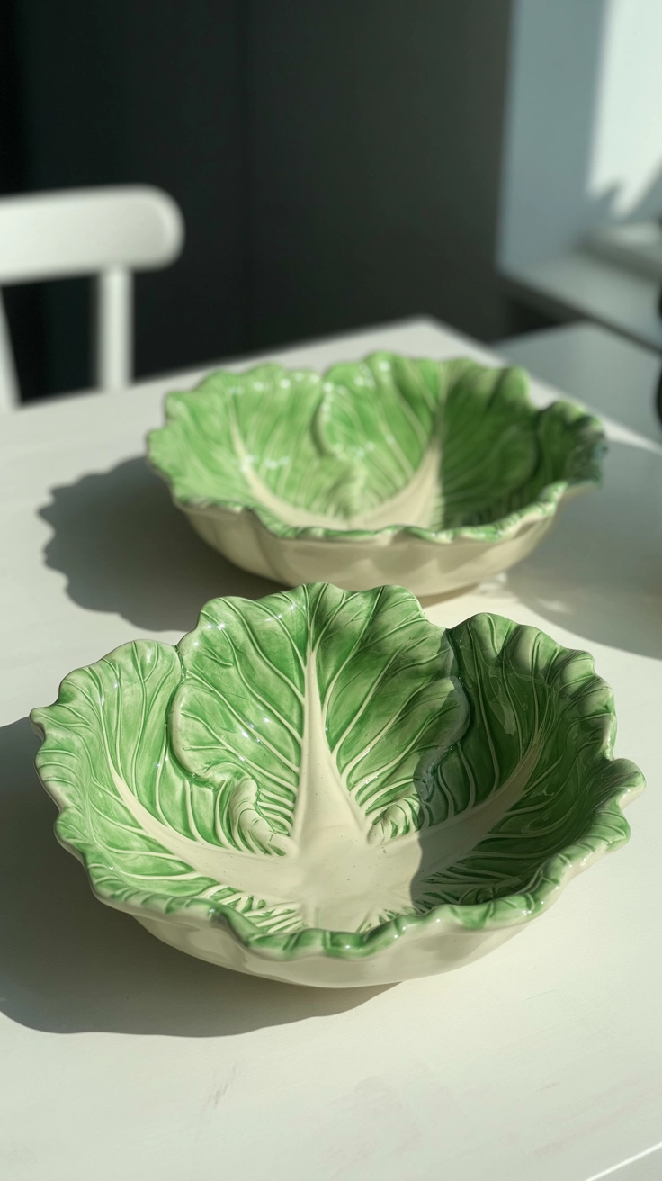 Vibrant green ceramic bowls shaped like cabbage leaves sitting on a white dining table.