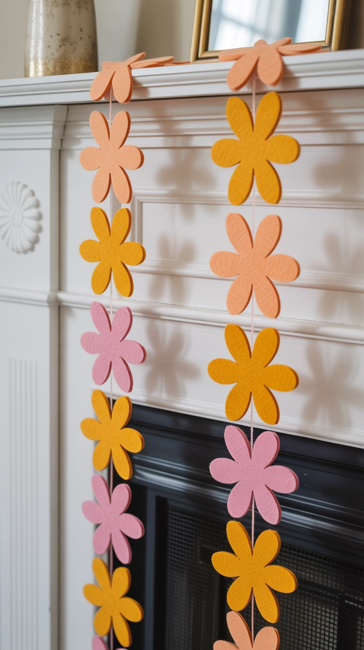 A handmade garland of yellow, orange, and pink felt flowers draped over a white fireplace mantel.