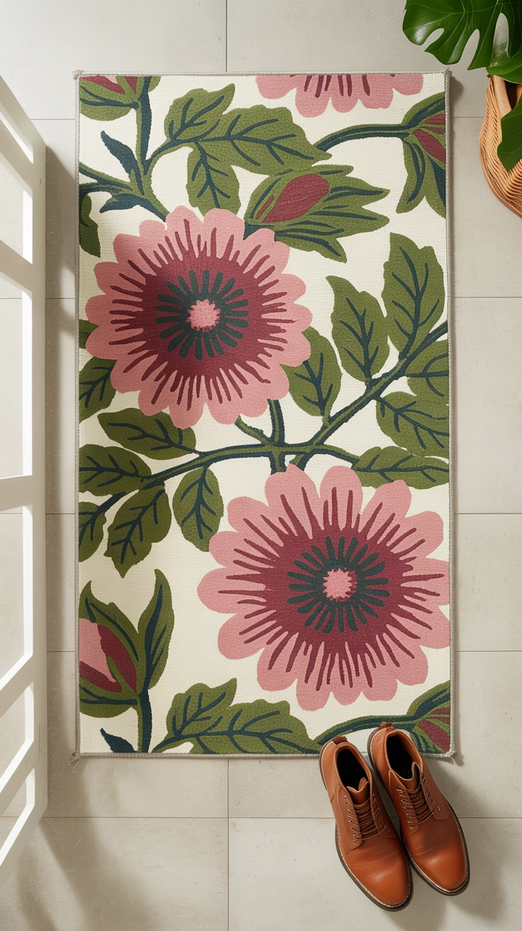 A colorful rug with a large pink and green floral pattern laying on the floor of a bright entryway.
