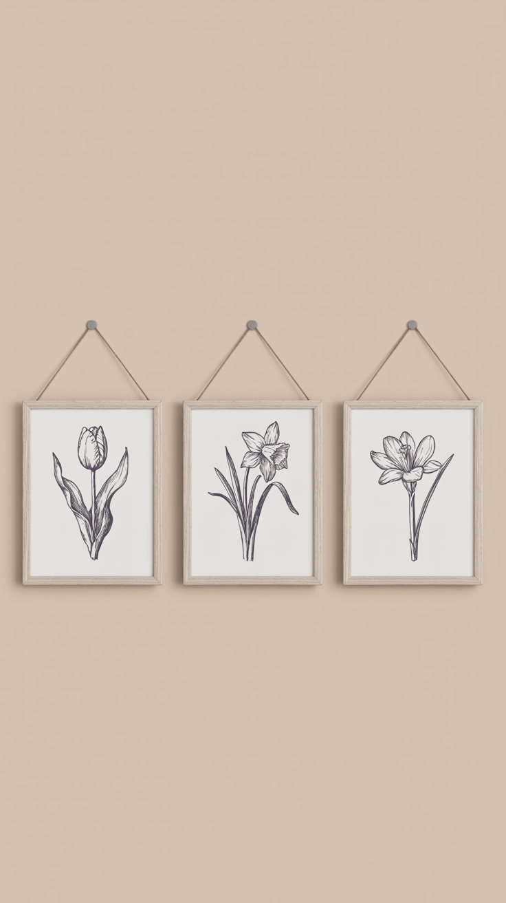 A gallery wall featuring framed botanical sketches of spring flowers and green leaves.