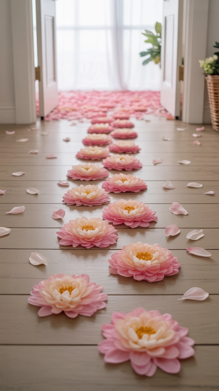 A trail of small pink silk flower petals scattered across a light wood floor.