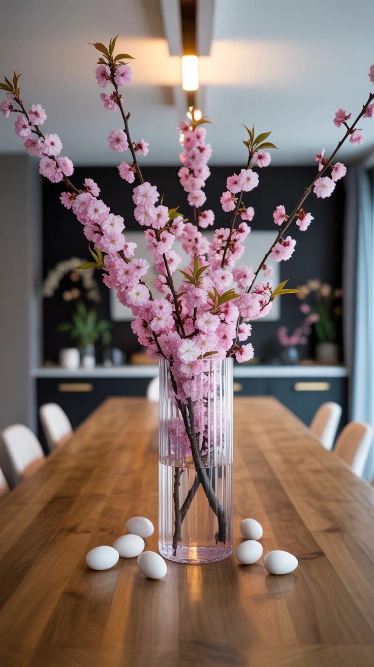 Tall branches of pink cherry blossoms in a heavy glass vase as a dining table centerpiece.