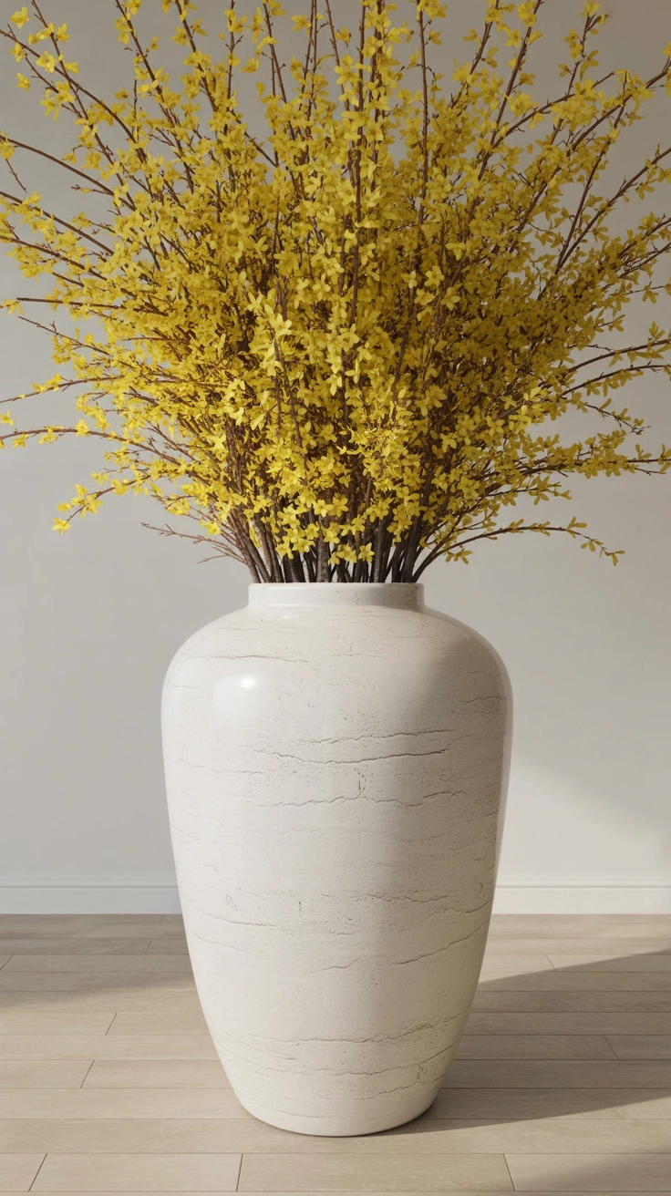 A large, heavy ceramic floor vase filled with tall, blooming yellow forsythia branches in a sunny room corner.