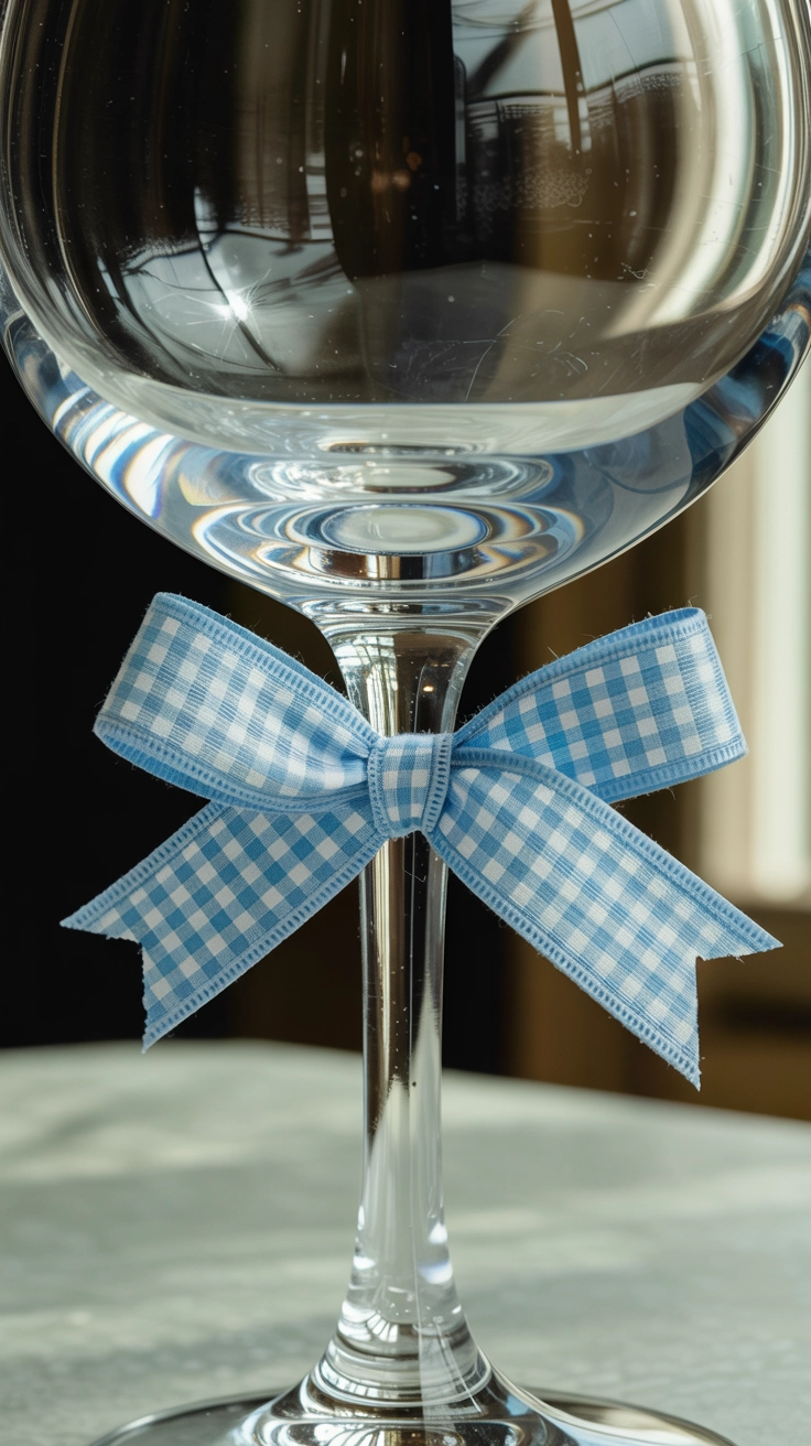 A close-up of a clear wine glass with a small blue and white gingham ribbon tied neatly around the stem.