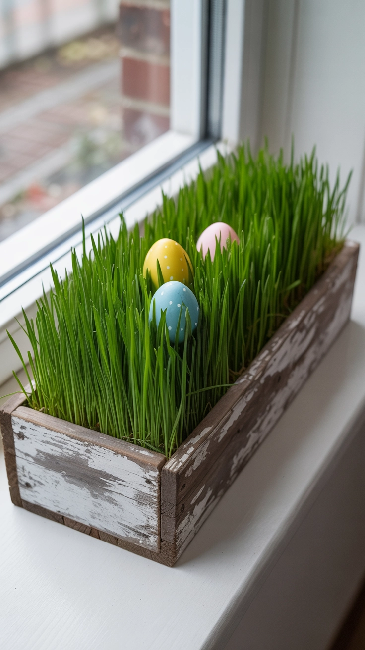 A long wooden box on a windowsill overflowing with bright green wheatgrass and hidden colorful eggs.