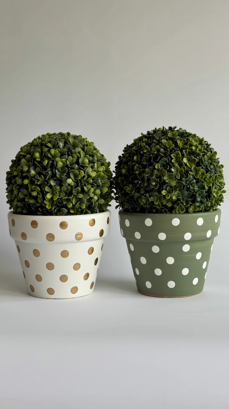 Terracotta pots painted with white polka dots holding perfectly round green boxwood topiaries.