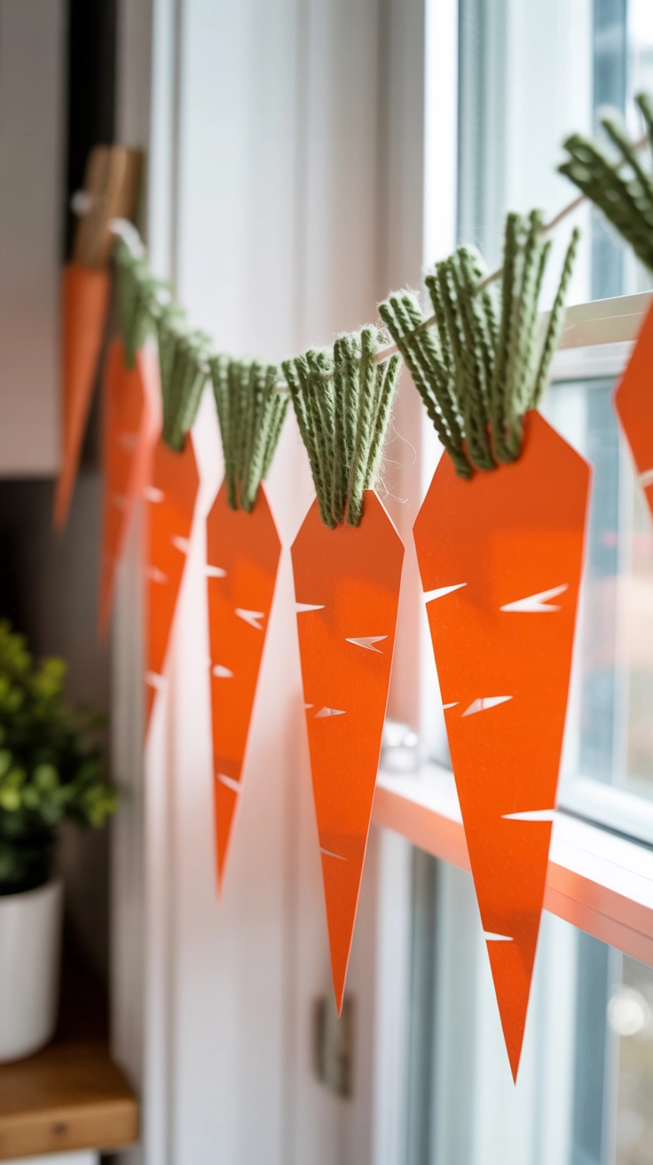 A garland of orange paper carrots with green yarn tops hanging across a kitchen window.