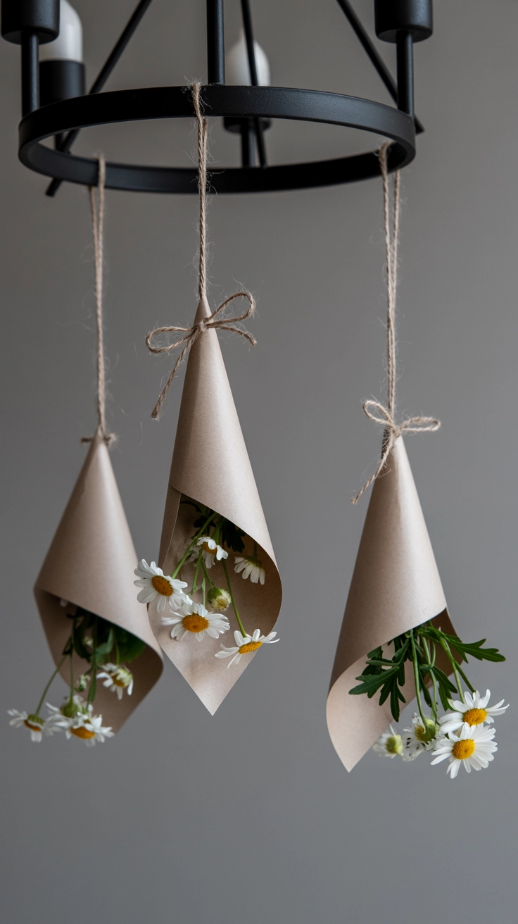 Delicate white paper cones filled with small daisies hanging by thin twine from a chandelier.