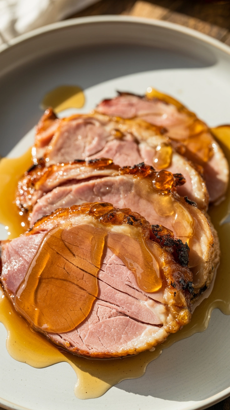 Seared ham slices with honey and brown sugar glaze.