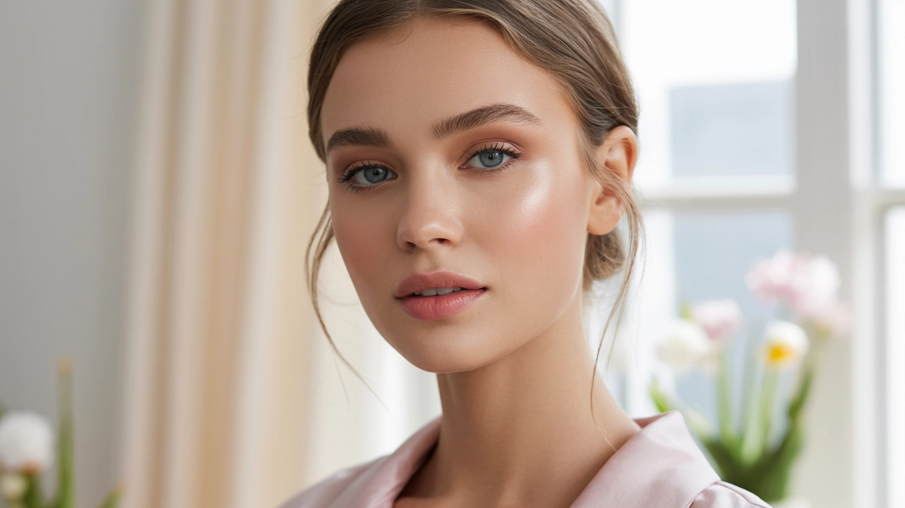 Fresh faced model wearing a minimal spring makeup look with glowing skin, soft pink lips, and natural lighting against a bright airy background with soft spring tones