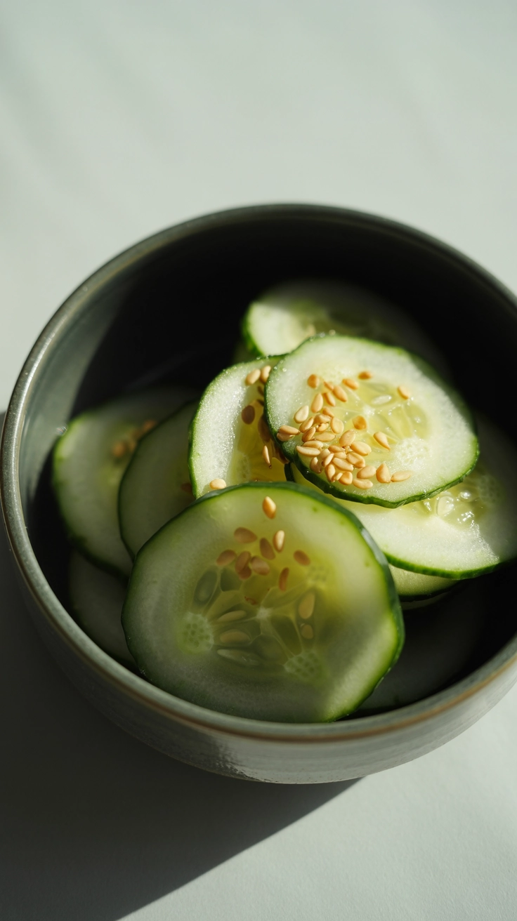Thinly sliced Japanese cucumber salad with sesame seeds.