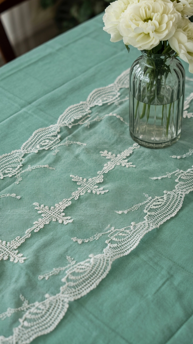 A white lace table runner laid over a solid mint-green tablecloth for a vintage Easter look.