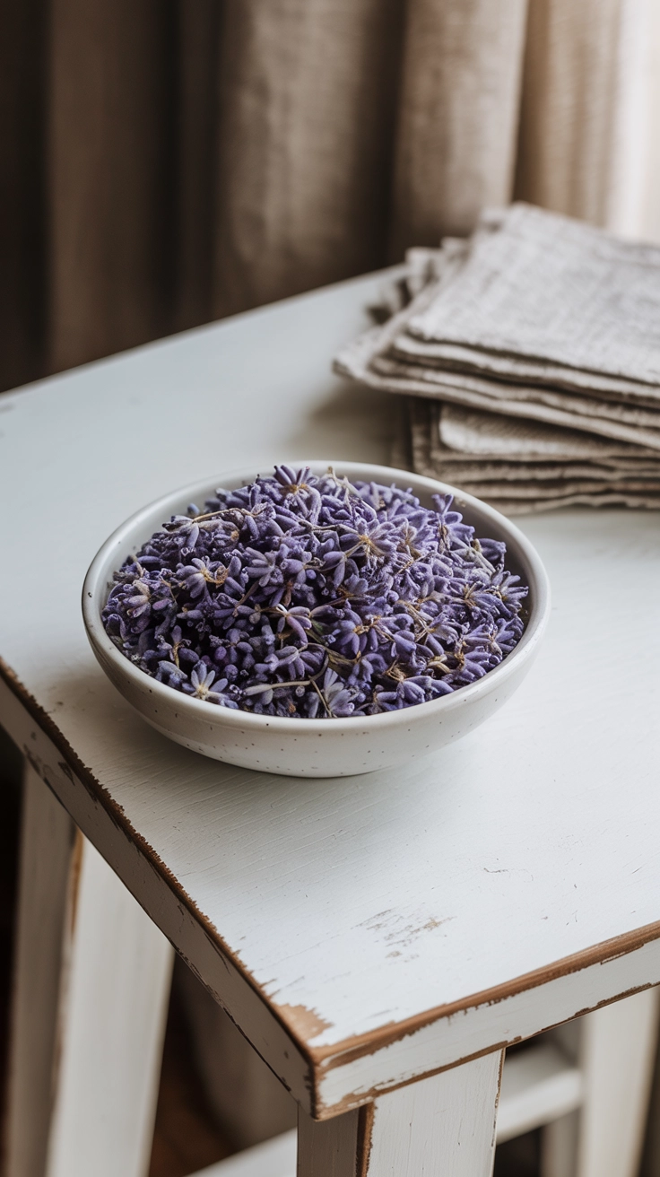 A simple white bowl filled with dried purple lavender buds sitting on a rustic side table.
