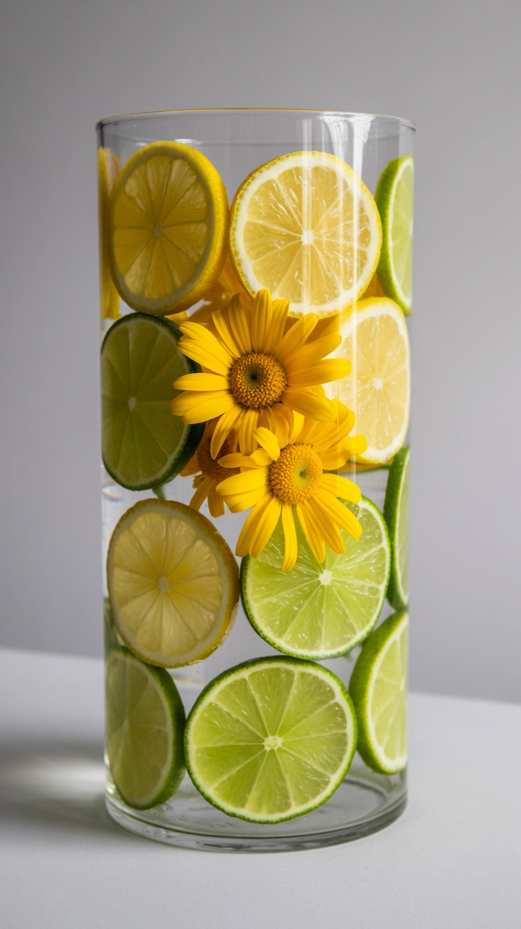 A clear glass vase lined with slices of lemon and lime, filled with a bunch of yellow daisies.