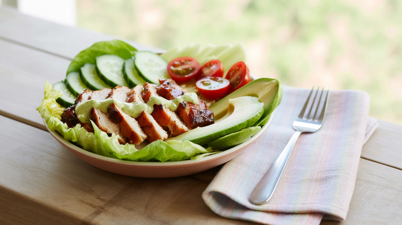 Light spring lunch Ideas bowl with sliced BBQ chicken, fresh lettuce, cucumber, cherry tomatoes, and avocado in a bright natural spring setting.