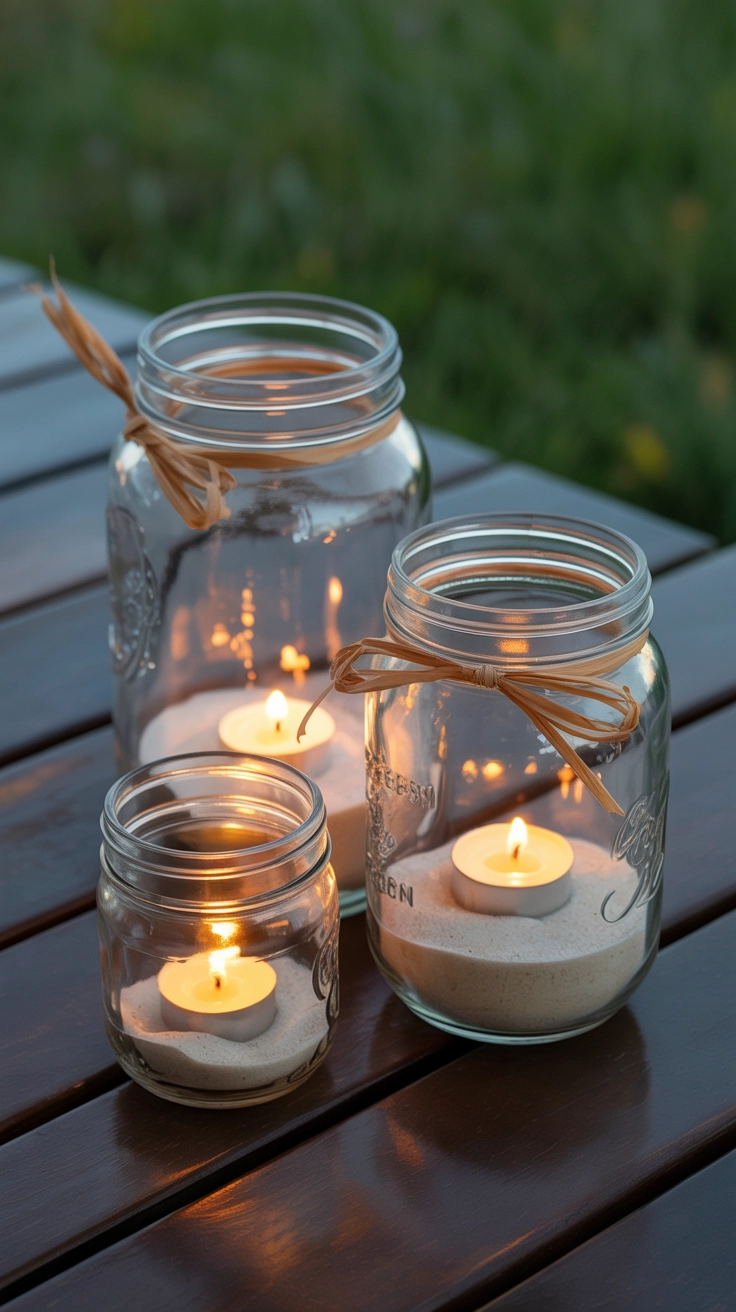 Mason jars filled with colored sand and tea light candles, glowing softly on an outdoor table.