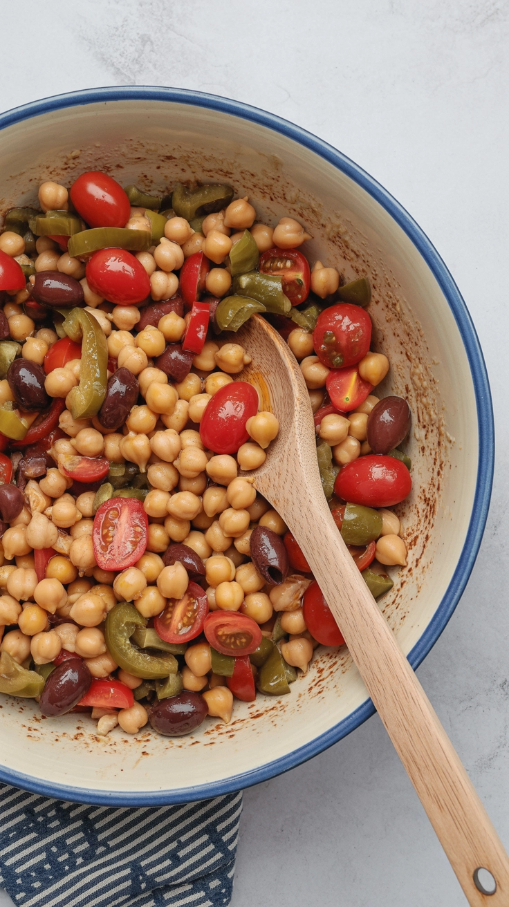 Vibrant chickpea salad with tomatoes and olives.