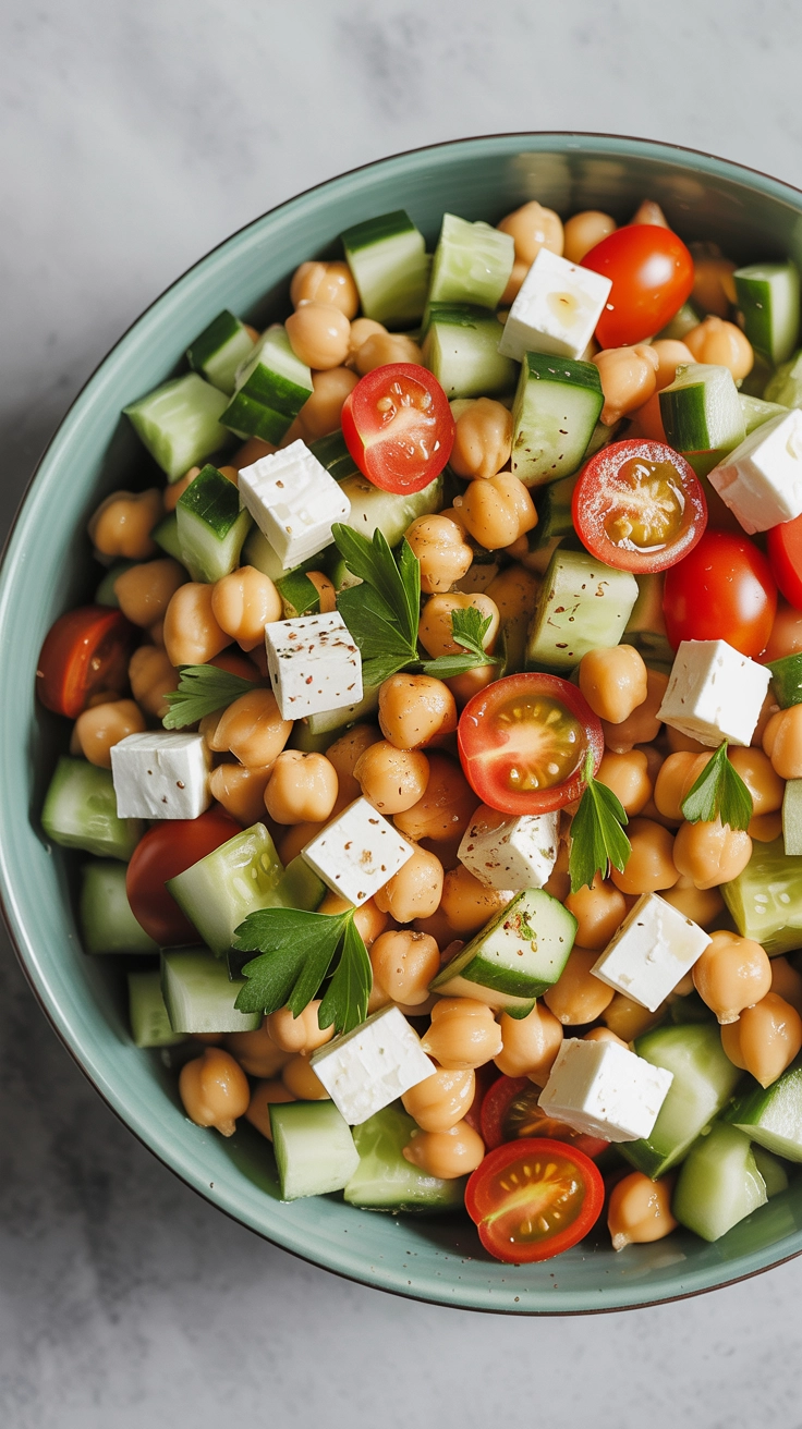 Mediterranean salad with chickpeas, cucumbers, and feta cheese.