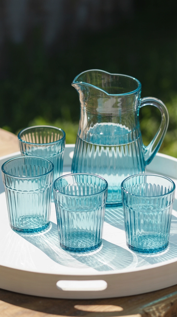 A light blue tinted glass pitcher and matching glasses sitting on a white outdoor table.