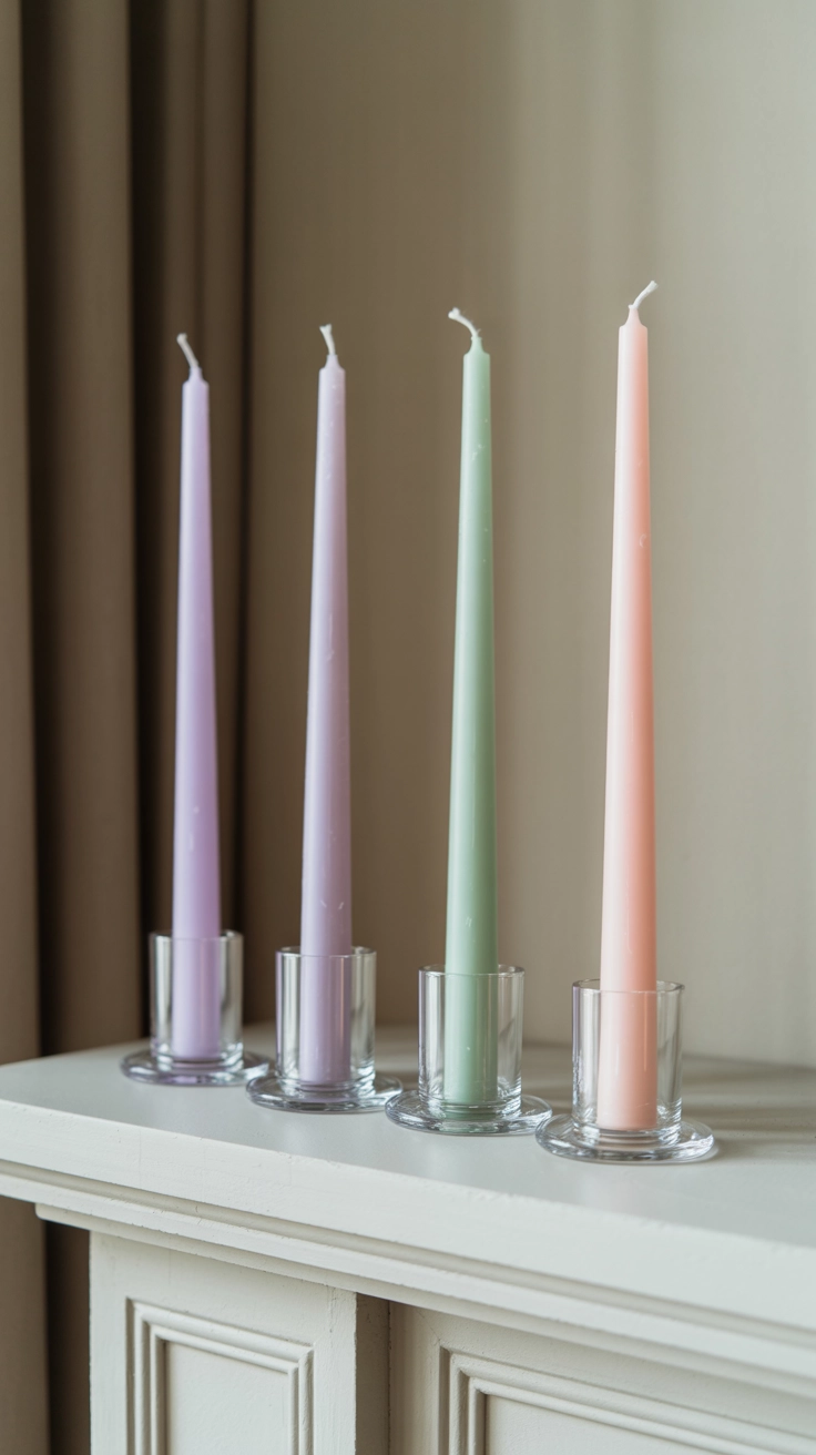 Tall, thin candles in soft shades of mint and lavender sitting in elegant glass holders on a mantel.