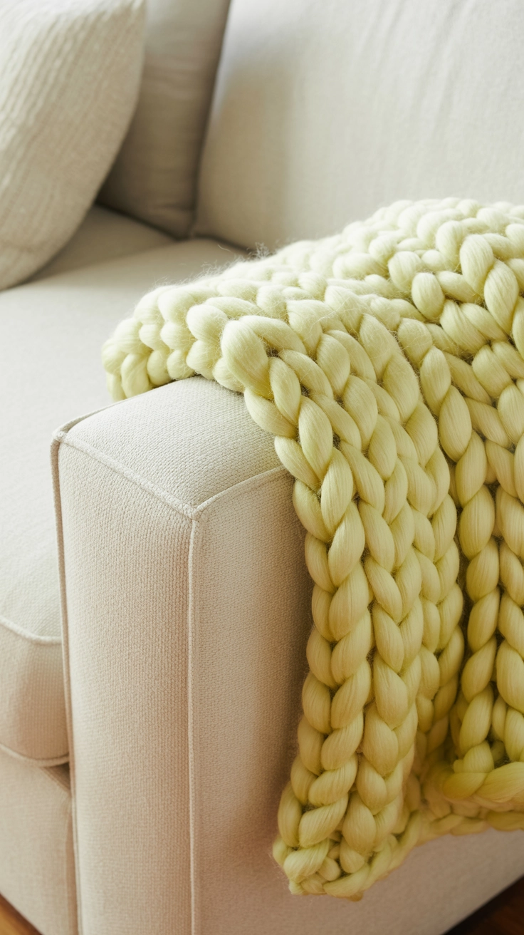 A light lemon-yellow knit throw blanket draped over the arm of a clean white sofa.