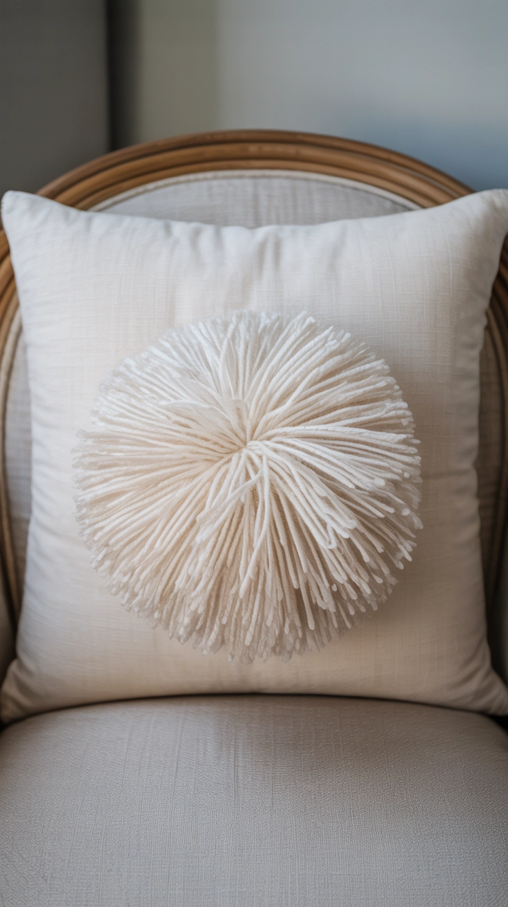 A close-up of a white throw pillow with a large, fluffy white yarn pom-pom on the front.