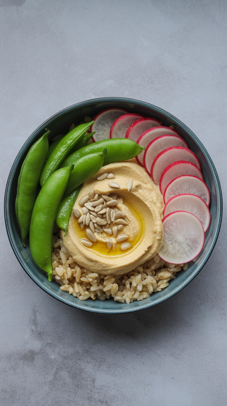 Grain bowl with radishes and sugar snap peas.