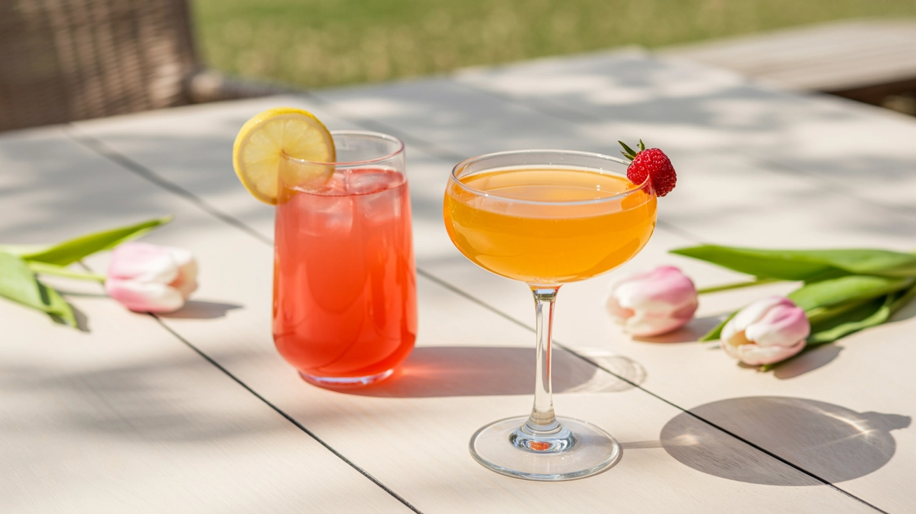 10 Refreshing Spring Drink Recipes Everyone Will Love 1 A diverse assortment of colorful Refreshing Spring Drink Recipes arranged on a sunny wooden table.