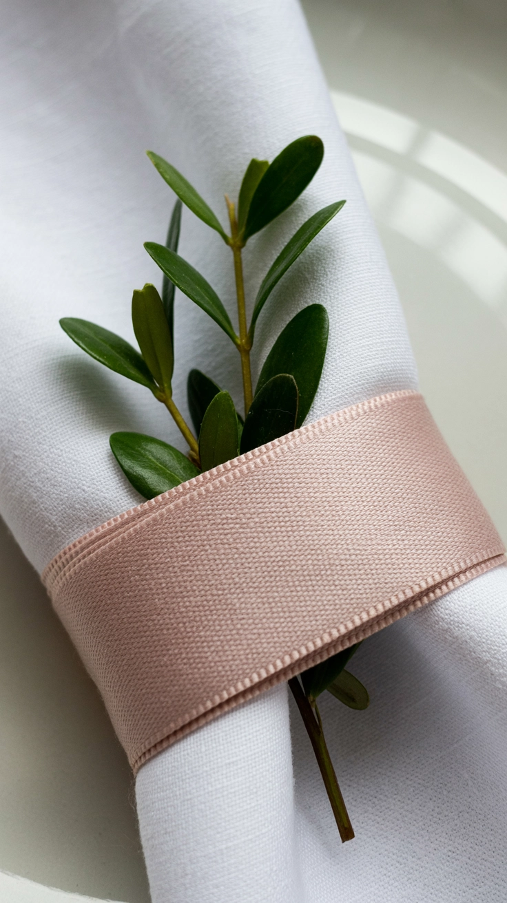 A stack of white linen napkins tied with wide, shimmering pink satin ribbons and a sprig of green.