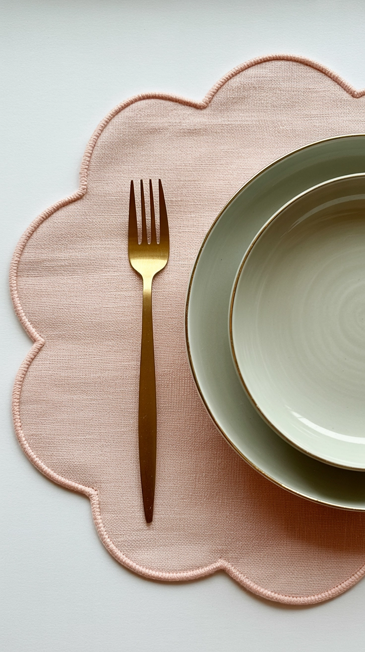 Light blue placemats with a wavy scalloped edge sitting under white dinnerware.