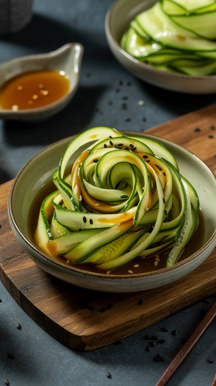 Elegant cucumber ribbon salad with ginger and sesame.