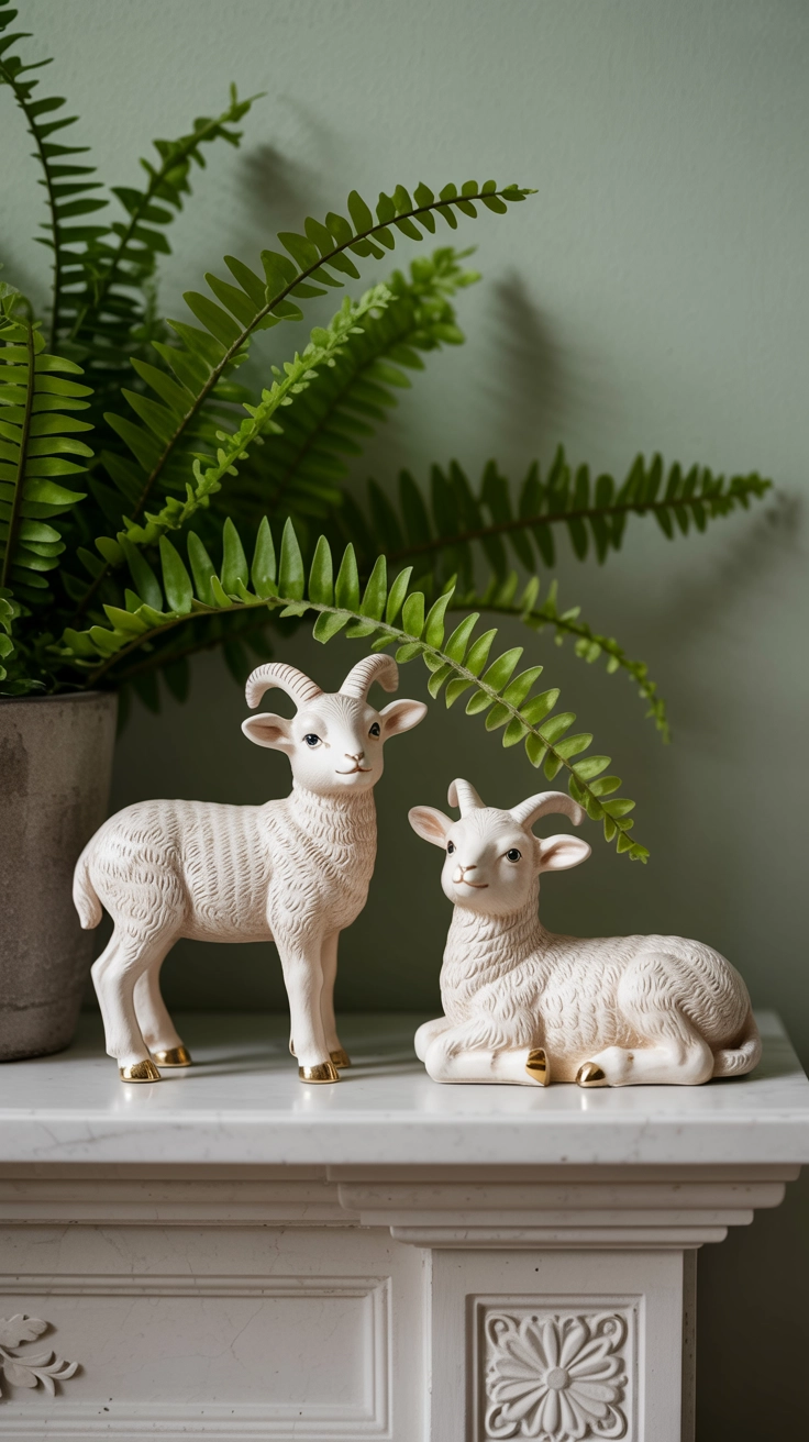 A small white ceramic lamb figurine sitting on a mantel next to a green potted plant.