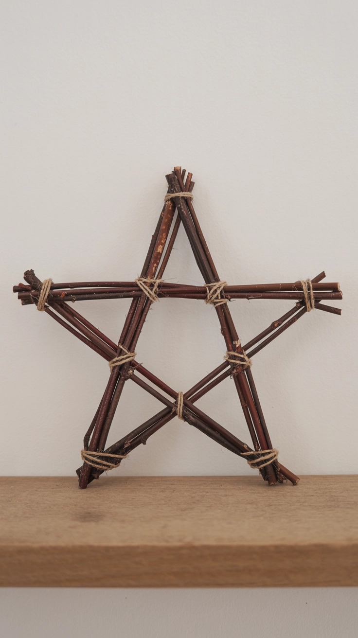 A handmade star made of small brown twigs tied together with twine leaning against a wall.